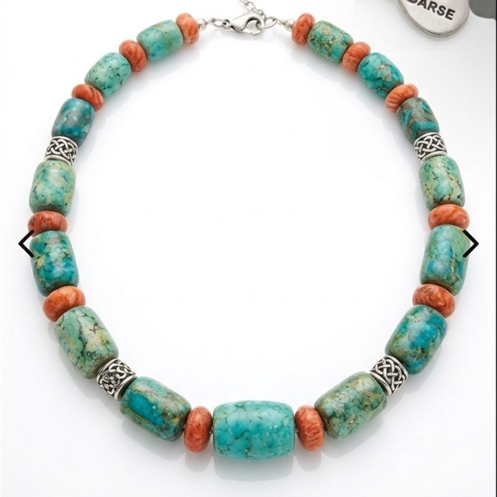Studio Barse 925 Turquoise & Coral Statement Necklace | Celtic Knotwork | Signed - Picture 6 of 7